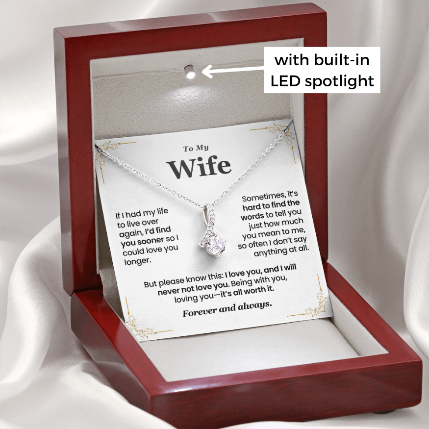 Necklace in a wooden box with a sentimental message card, featuring an LED spotlight.