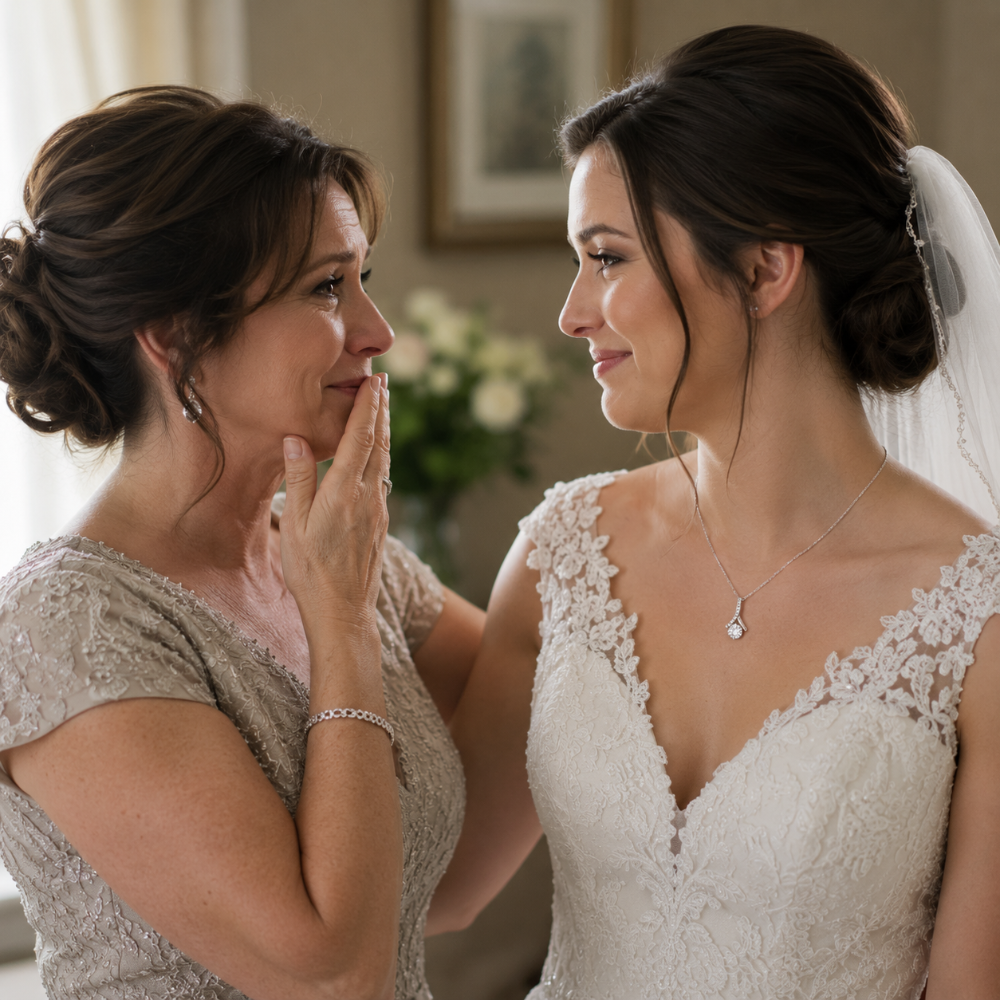 Mother sharing an emotional wedding day moment with her daughter wearing a wedding gift necklace from Mom