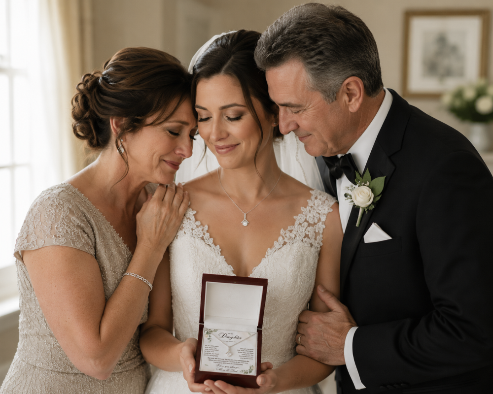 Bride with her parents receiving a meaningful wedding gift necklace from Mom and Dad, daughter necklace gift from parents
