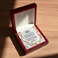 Thumbnail for A gold-colored paperclip chain necklace with cubic zirconia crystals, presented in an elegant box with a personal message to my wife from husband.