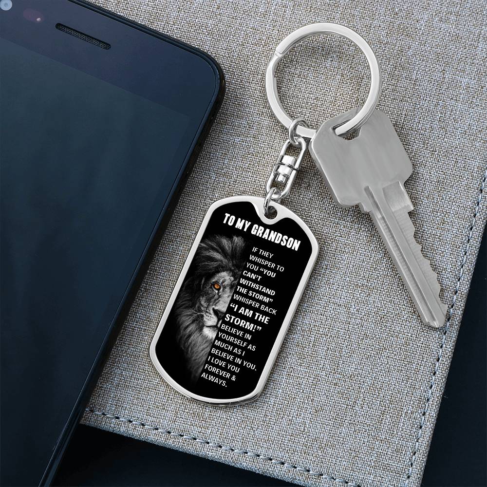 Grandson keychain gift with personalized engraving, surgical steel dog tag