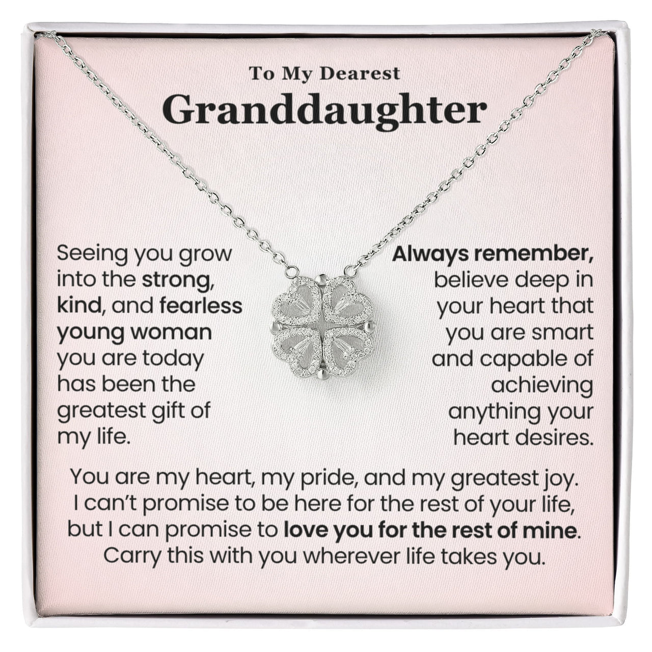 Magnetic hearts clover necklace for granddaughter displayed in gift box with heartfelt message card, sentimental jewelry gift from grandma grandpa