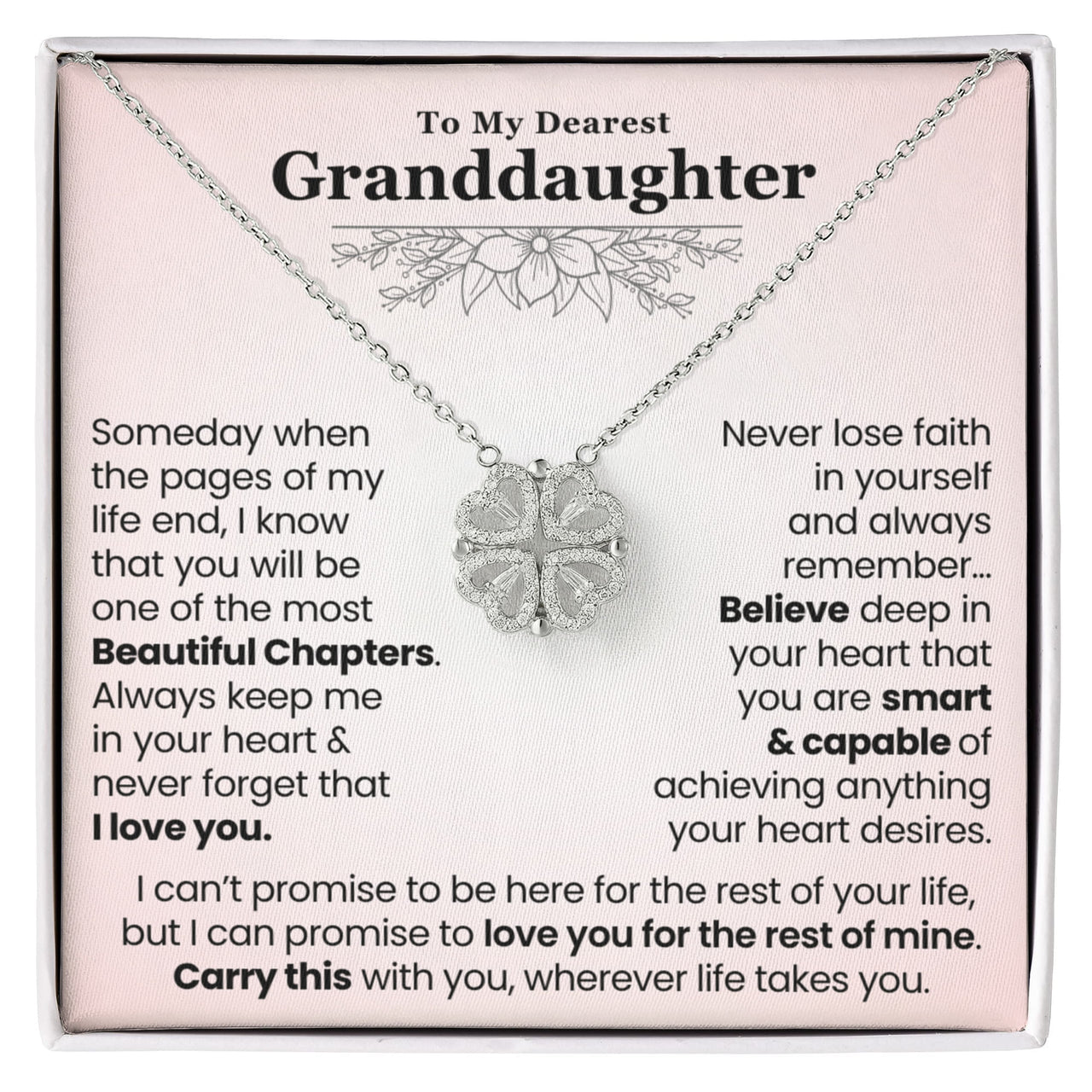 Magnetic Heart Clover Necklace for Granddaughter in a white gift box with an inspirational "Beautiful Chapters" message card.