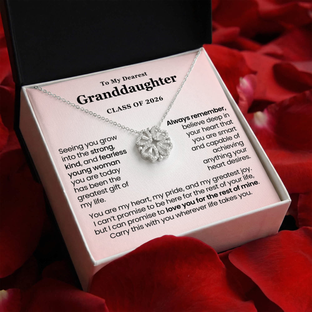 Granddaughter graduation necklace gift Class of 2026 with personalized message card and white gold magnetic hearts pendant gift from grandparents.
