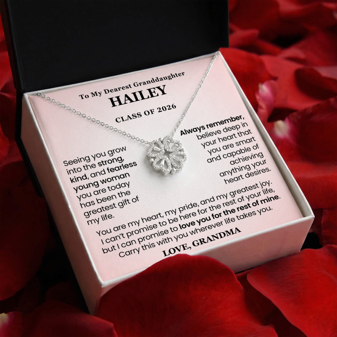 Granddaughter graduation necklace gift Class of 2026 with personalized message card and white gold magnetic hearts pendant gift from grandparents.