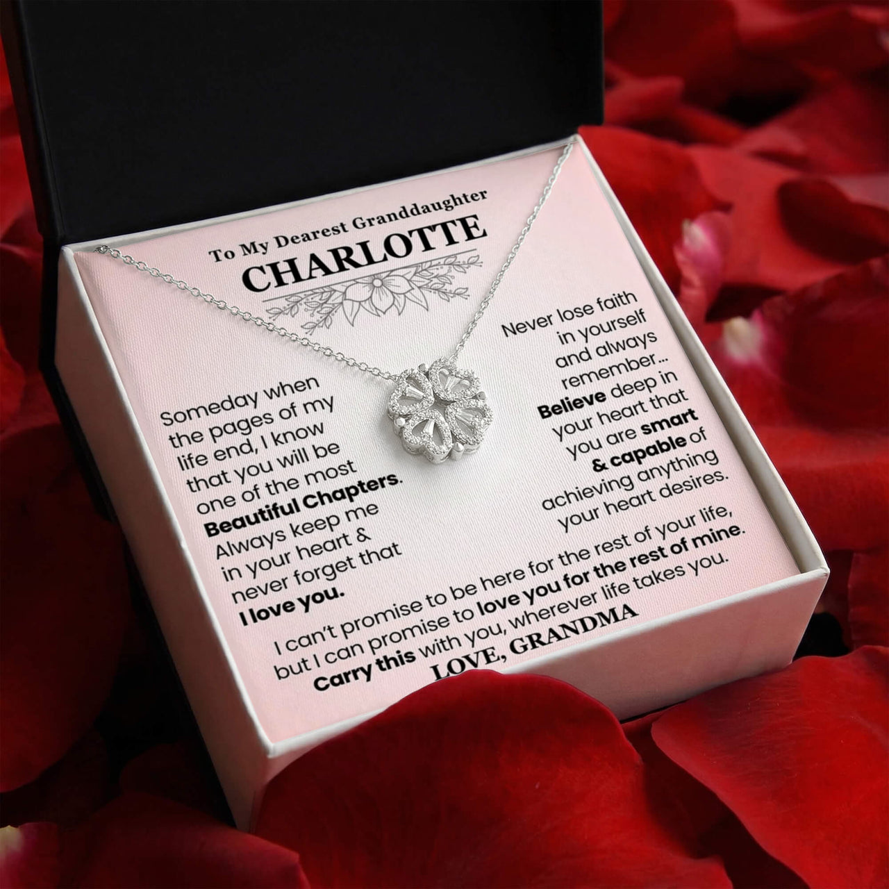 Magnetic heart clover necklace flat lay — sentimental granddaughter jewelry gift.