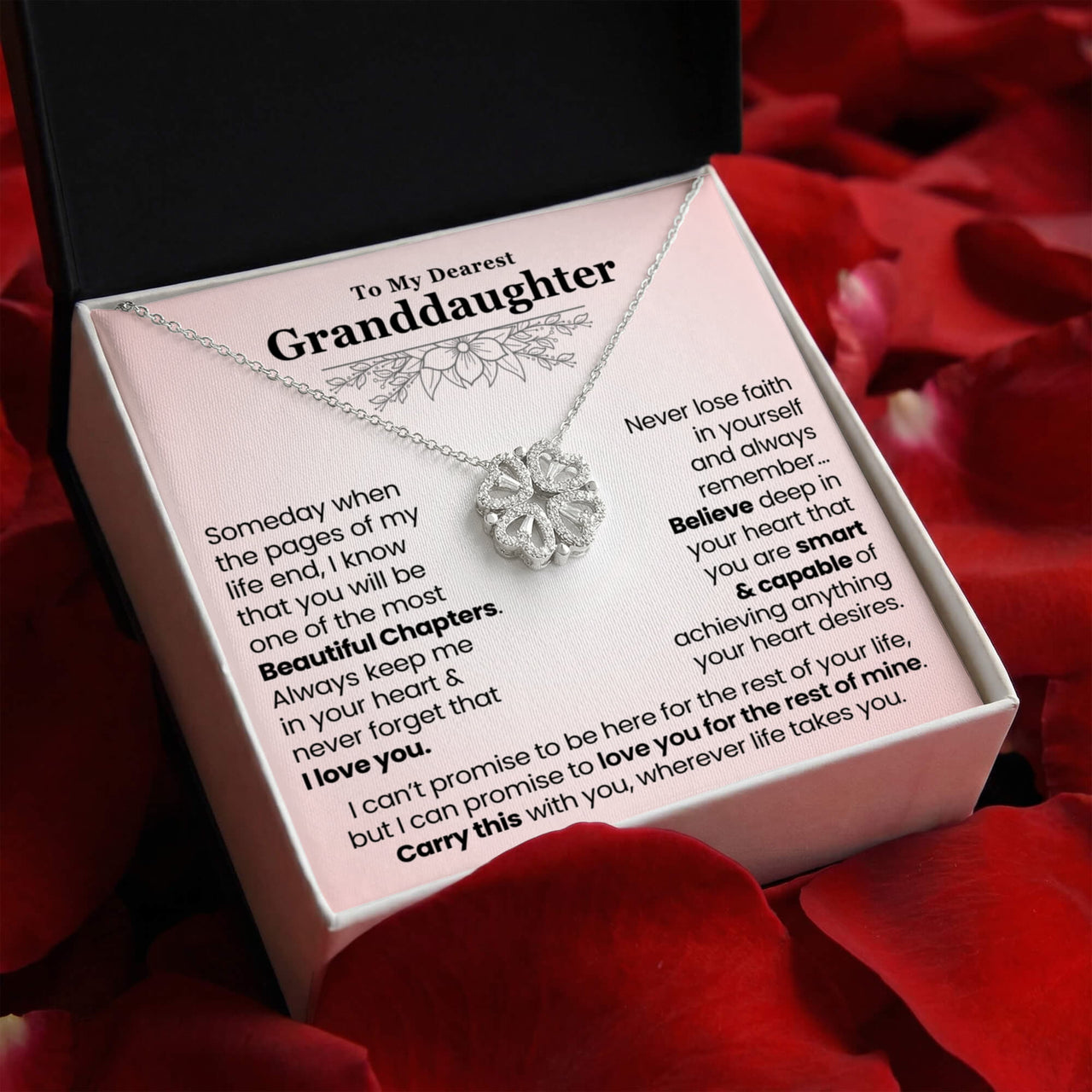 Magnetic Heart Clover Necklace for Granddaughter in a white gift box with an inspirational "Beautiful Chapters" message card.