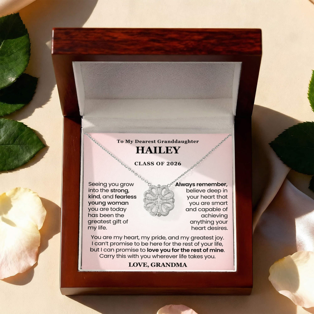 Granddaughter graduation necklace Class of 2026 in luxury wooden gift box with heartfelt personalize message card and magnetic hearts pendant. Gift from grandma grandpa.
