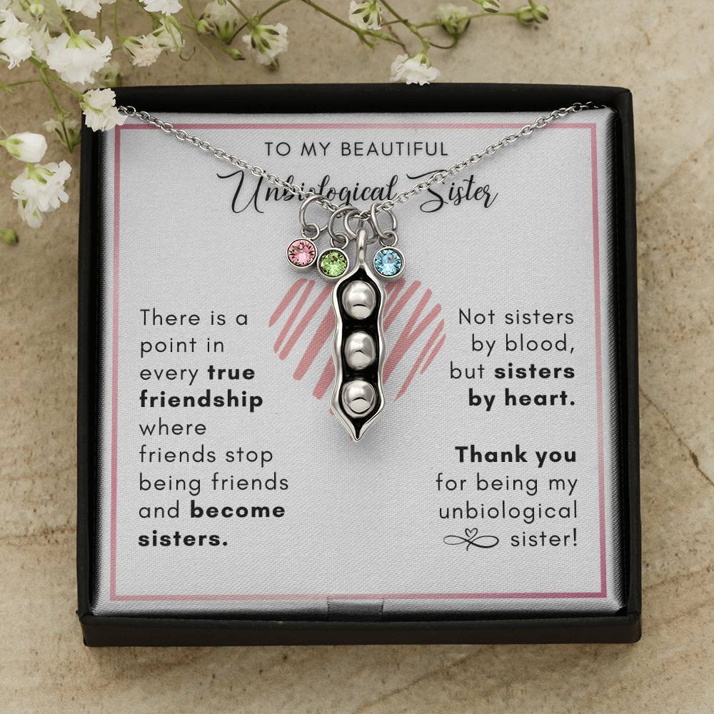 Unbiological Sister Gift, Two Peas In A Pod Necklace with Birthstones