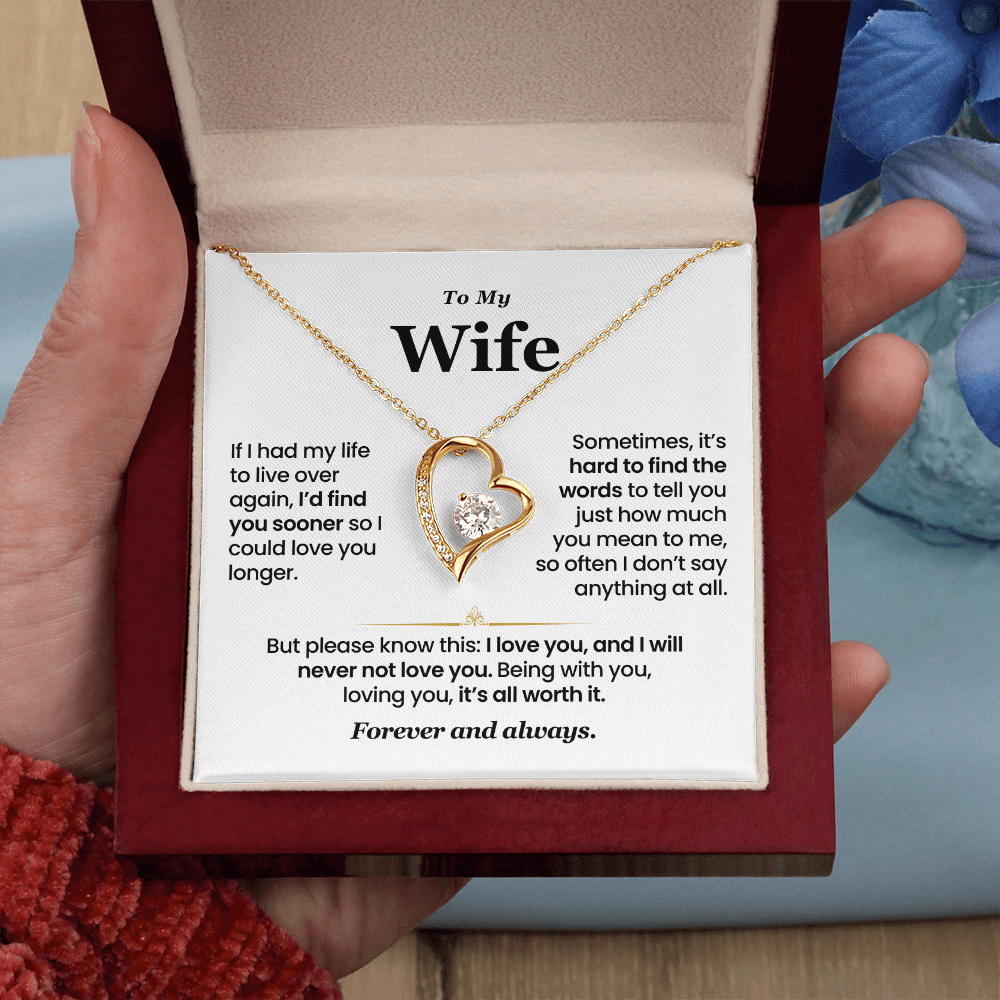 Romantic heart-shaped gold pendant necklace with sparkling cubic zirconia, in gift box with emotional message card – perfect anniversary gift for wife from husband.