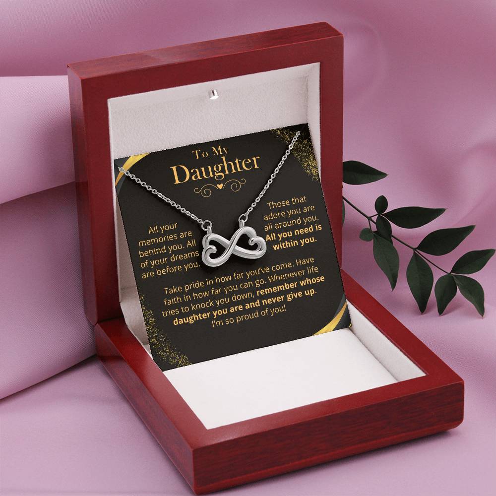 Infinity Hearts necklace with 'Proud of You' message card – meaningful gift for daughter to celebrate her accomplishments.
