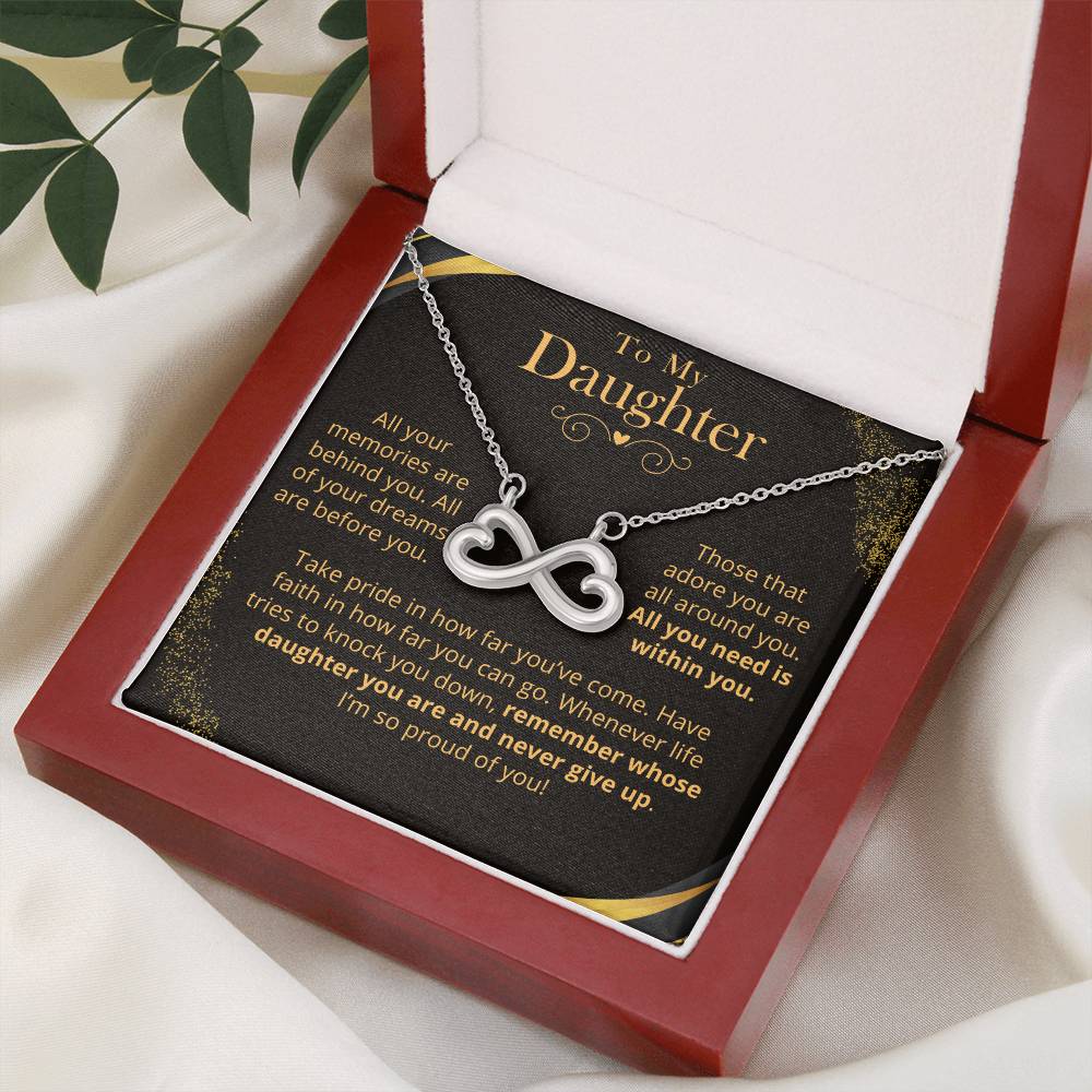Infinity Hearts necklace with 'Proud of You' message card – meaningful gift for daughter to celebrate her accomplishments.