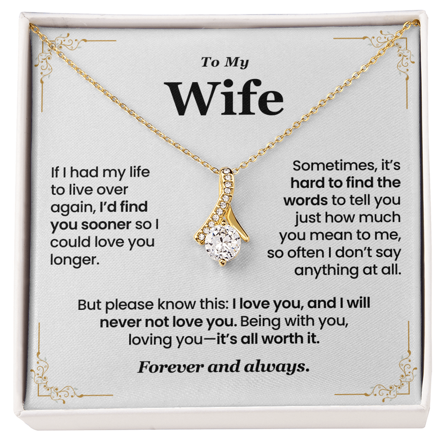 Elegant pendant gold necklace with cubic zirconia stone on message card gift box for wife from husband – meaningful anniversary, birthday, or Valentine’s Day jewelry gift.