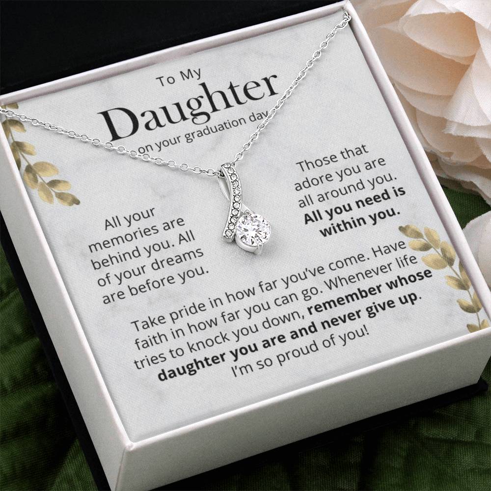 Daughter graduation necklace with inspirational message card displayed in luxury woodengift box, meaningful graduation gift for daughter from dad