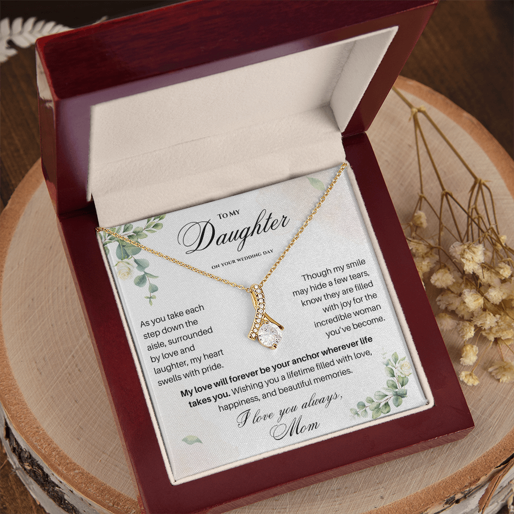 Meaningful daughter wedding gift necklace with heartfelt message card in a luxury mahogany gift box.