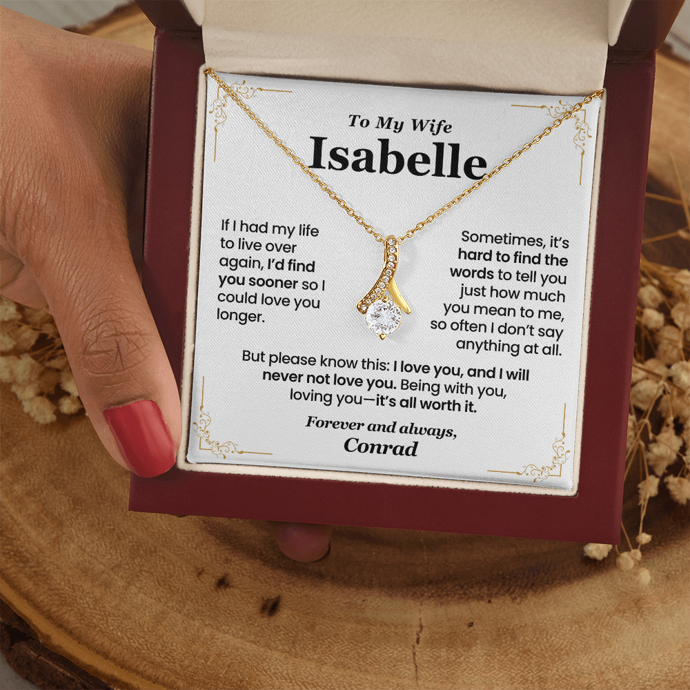 Necklace with a sentimental personalized message card for a wife from husband.