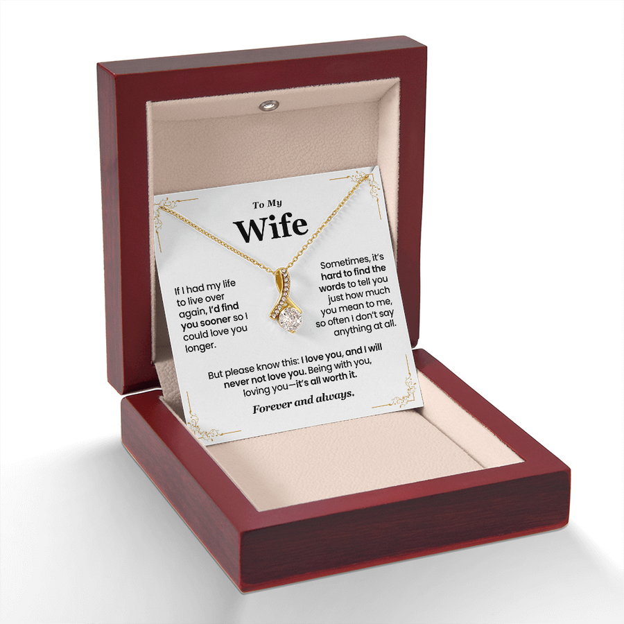 Elegant pendant gold necklace with cubic zirconia stone on message card gift box for wife from husband – meaningful anniversary, birthday, or Valentine’s Day jewelry gift.