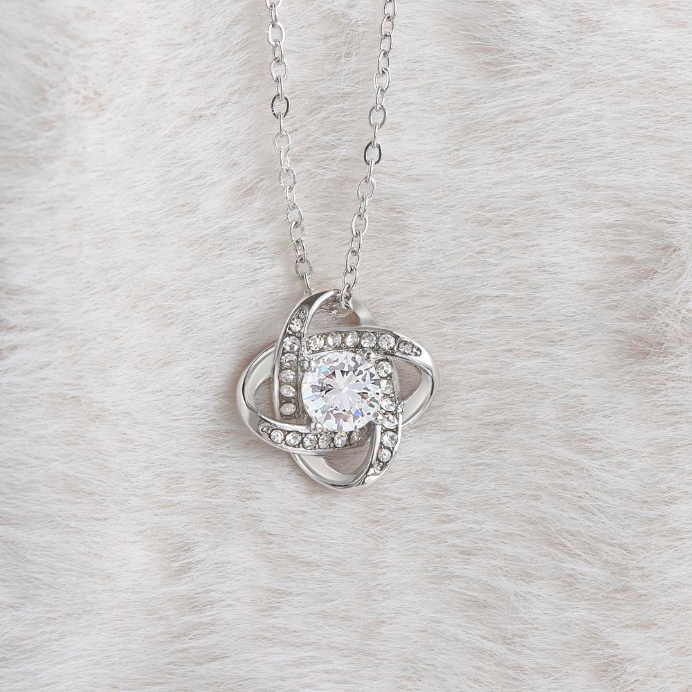 Sterling silver Love Knot necklace with CZ crystal center stone – granddaughter gift jewelry.