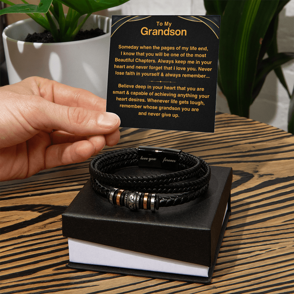 Grandson, Never Give Up - Leather Bracelet Gift Set (GS112)