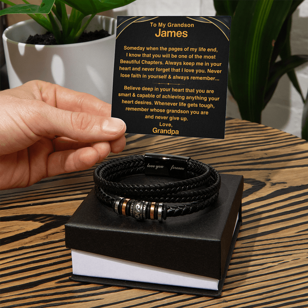 Grandson, Never Give Up - Leather Bracelet With Personalized Message Card Gift Set (GS112-P)