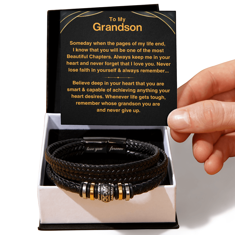Grandson, Never Give Up - Leather Bracelet Gift Set (GS112)