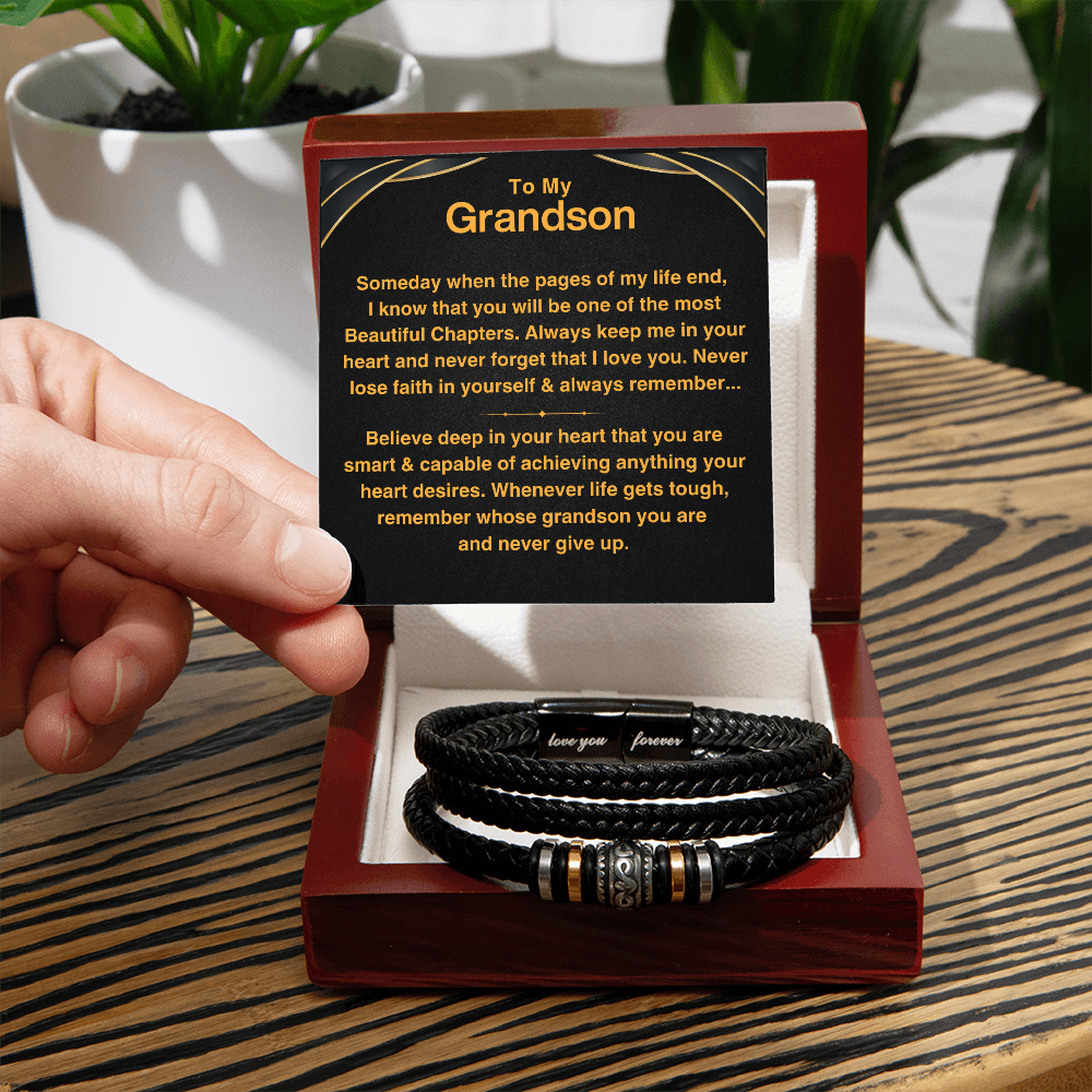 Grandson, Never Give Up - Leather Bracelet Gift Set (GS112)