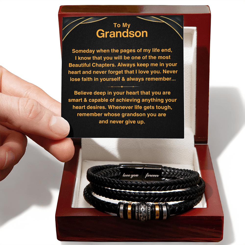 Grandson, Never Give Up - Leather Bracelet Gift Set (GS112)