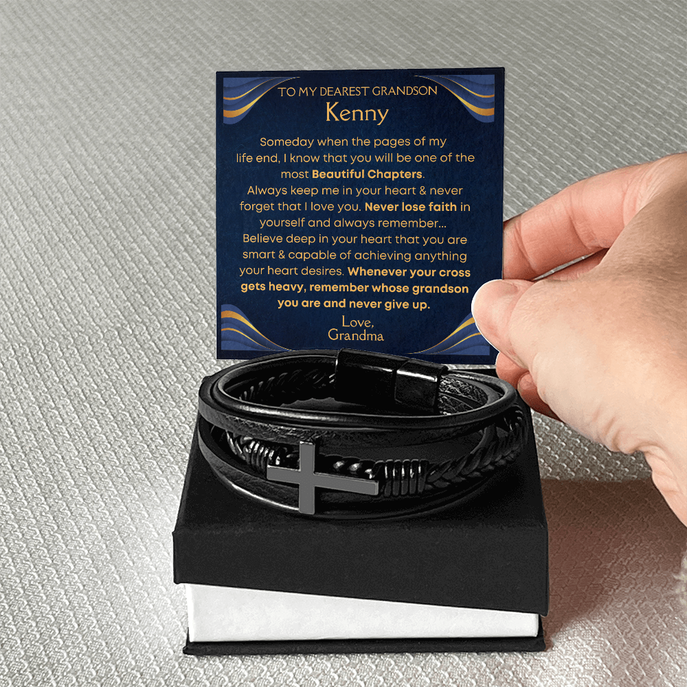 Grandson, Never Give Up - Cross Bracelet With Personalized Message Card (GS35-P1)