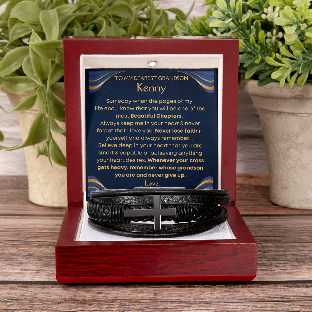 Grandson, Never Give Up - Cross Bracelet With Personalized Message Card (GS35-P1)