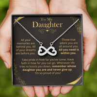 Thumbnail for Daughter Necklace with infinity symbol held in hands, displayed on a card with text.