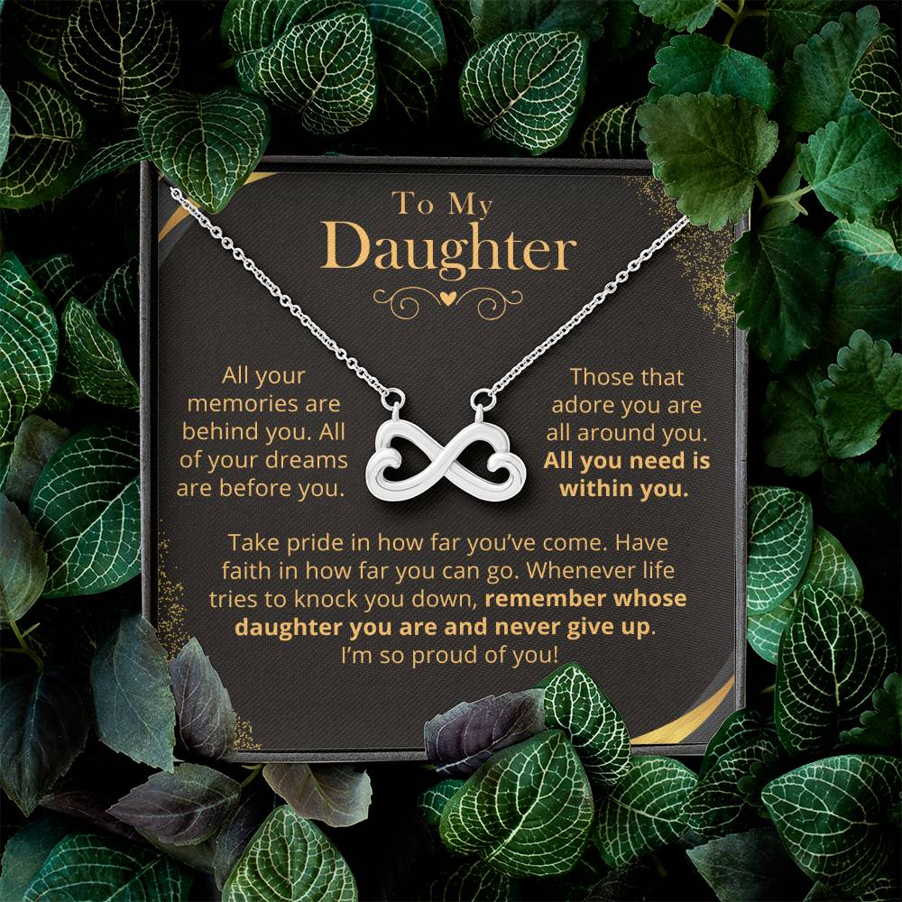 Infinity Hearts necklace with 'Proud of You' message card – meaningful gift for daughter to celebrate her accomplishments.
