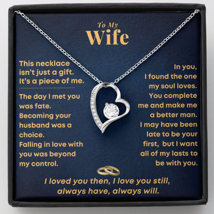 Heart necklace displayed on a “To My Wife” message card, romantic gift from husband with meaningful love message