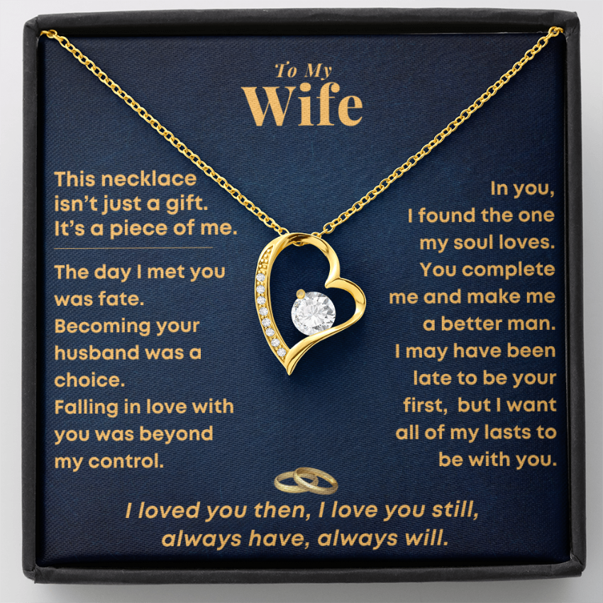 Gold heart necklace displayed on a “To My Wife” message card, romantic gift from husband with meaningful love message