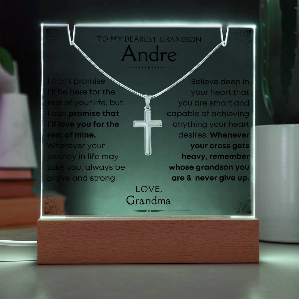 Grandson, Never Give Up - Personalized Acrylic Plaque With Cross Necklace (GS53-P)