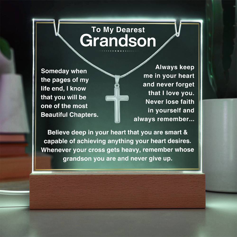 Grandson, Never Give Up - LED Acrylic Plaque with Cross Necklace (GS54)