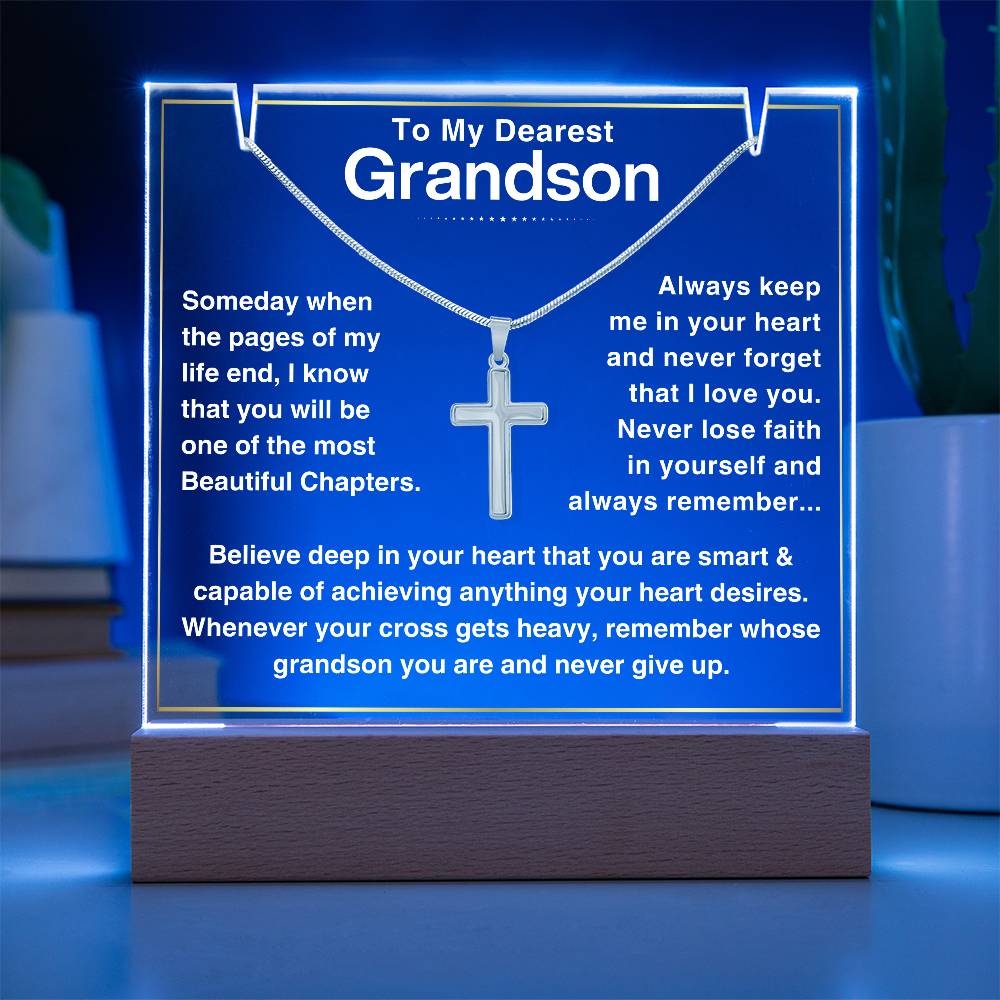 Grandson, Never Give Up - LED Acrylic Plaque with Cross Necklace (GS54)