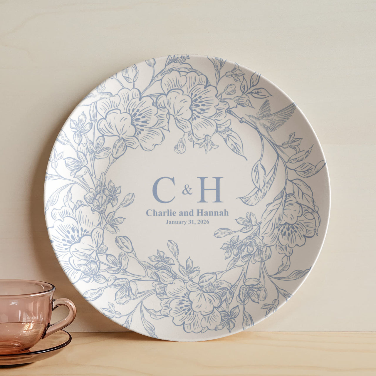 Personalized Wedding Plate with Blue Floral Design – Custom Couple Name and Date Keepsake Gift for Anniversary or Newlyweds or engagement.