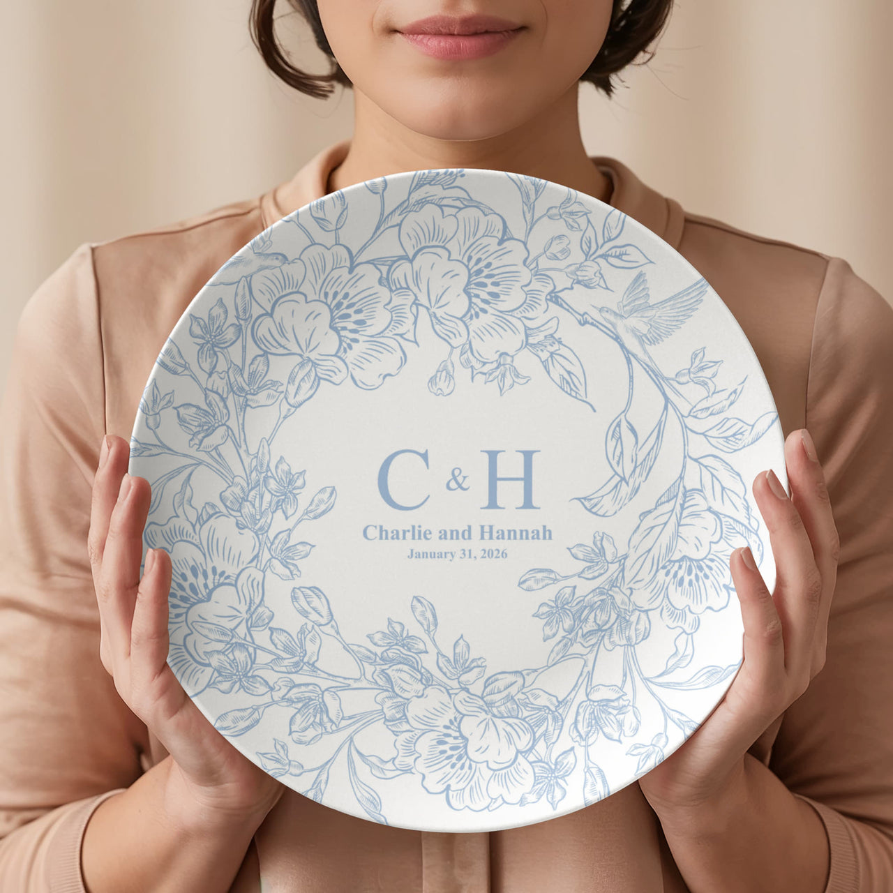 Personalized Wedding Plate with Blue Floral Design – Custom Couple Name and Date Keepsake Gift for Anniversary or Newlyweds