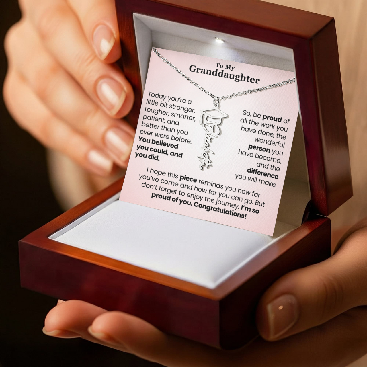 Personalized graduation necklace for granddaughter, silver, displayed in luxury wooden box. Gift for granddaughter senior high.