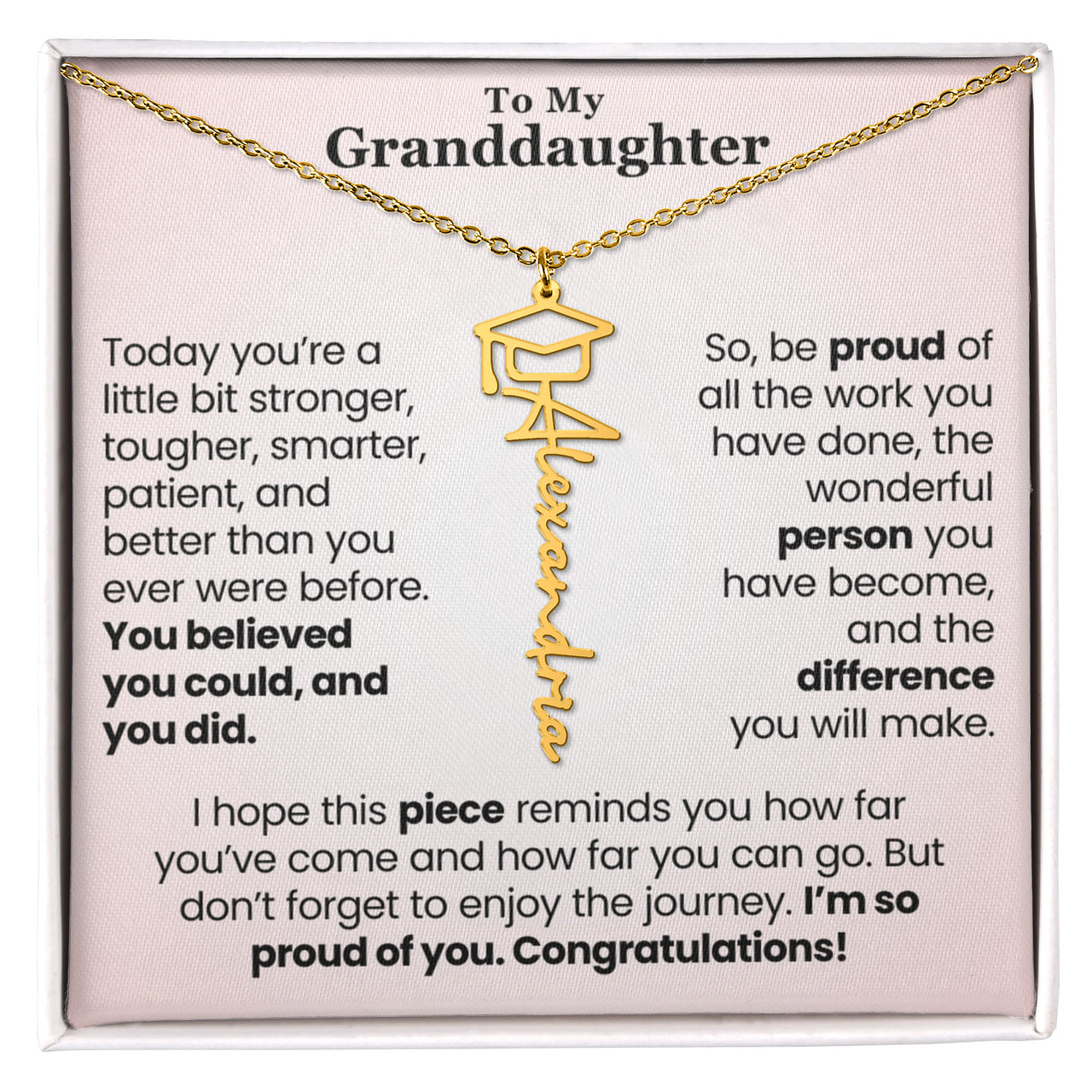 Personalized graduation gold necklace for granddaughter, gold, displayed in classic box. Perfect gift for graduation in college.