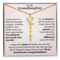 Thumbnail for Personalized graduation gold necklace for granddaughter, gold, displayed in classic box. Perfect gift for graduation in college.
