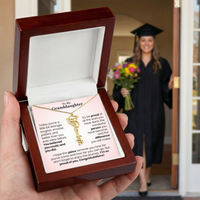 Thumbnail for Customized graduation gold necklace for granddaughter, gold, displayed in luxury wooden box. Perfect for master's degree gift
