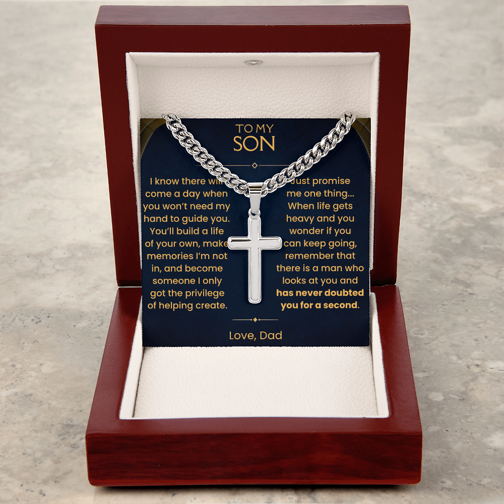 To My Son, Artisan Cross on Cuban Link Chain with Love Message Card Gift Set (S74)