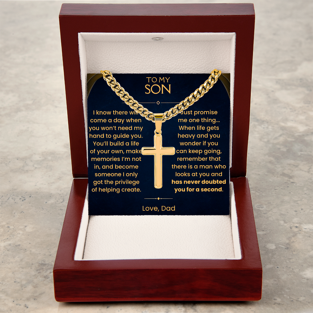 To My Son, Artisan Cross on Cuban Link Chain with Love Message Card Gift Set (S74)