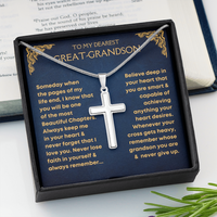 Thumbnail for A silver cross necklace on a chain, presented in a gift box with a message card for a great-grandson.