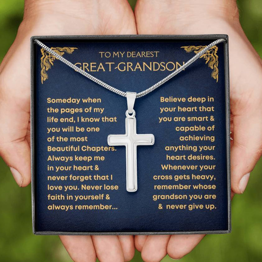 Silver cross necklace in a decorative box with a message to a great-grandson.