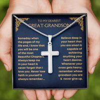 Thumbnail for Silver cross necklace in a decorative box with a message to a great-grandson.