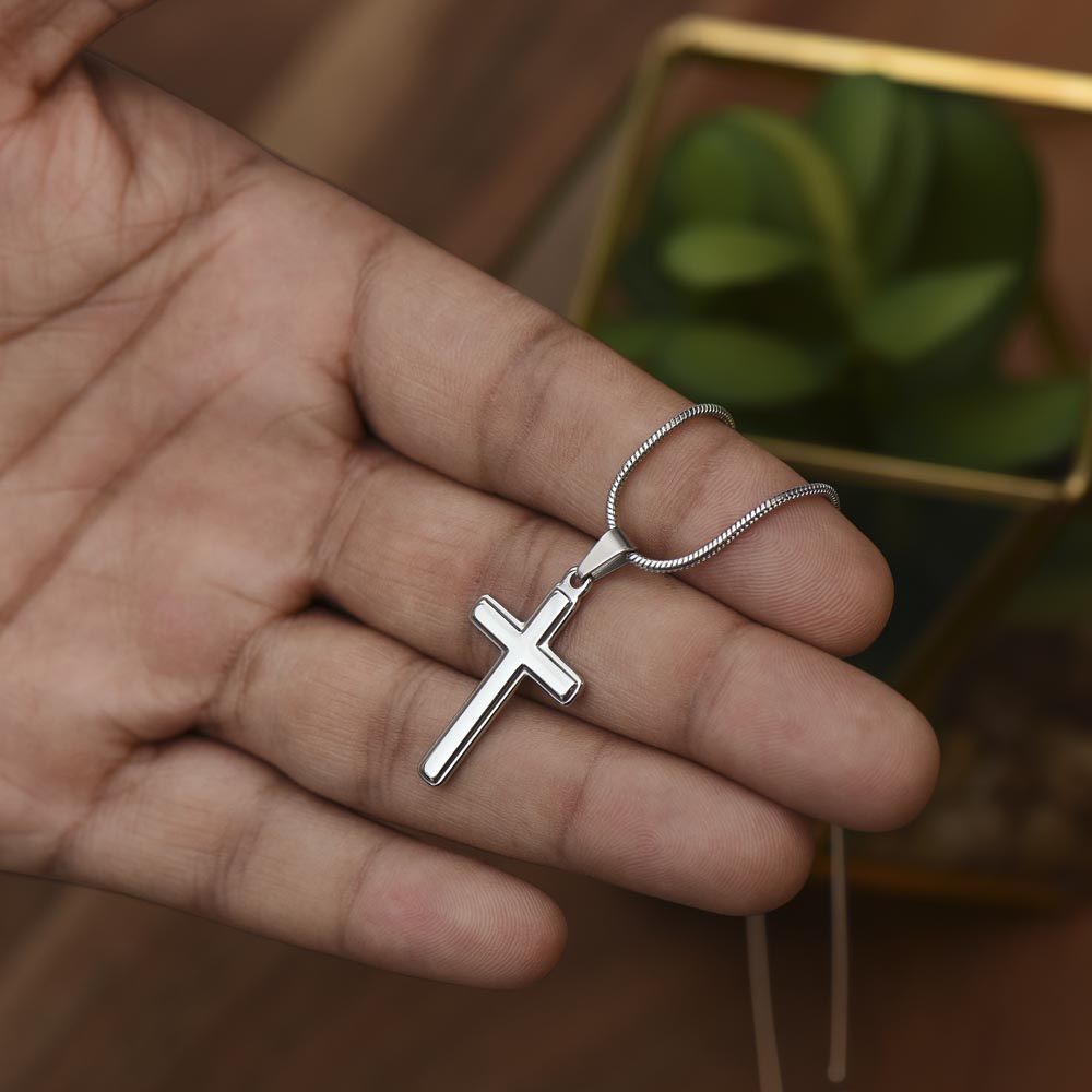 A silver cross necklace for great-grandson.