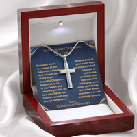 Thumbnail for Personalized cross necklace for grandson with custom name and heartfelt message from grandma. Gift by Winkette Creations.