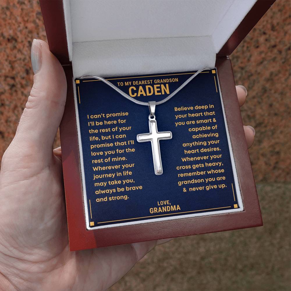 Personalized cross necklace for grandson and heartfelt message from grandma grandpa